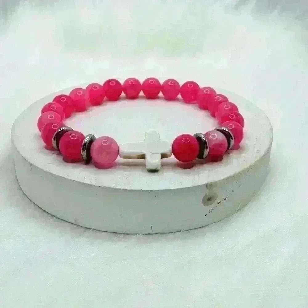 Bubble Gum Pink Beaded W/ White Cross Bracelet